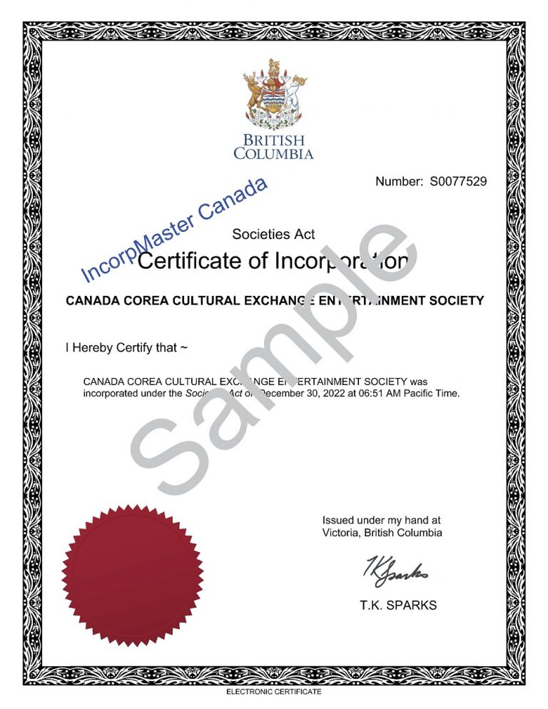 Sample of Certificate of Incorporation for BC IncorpMaster